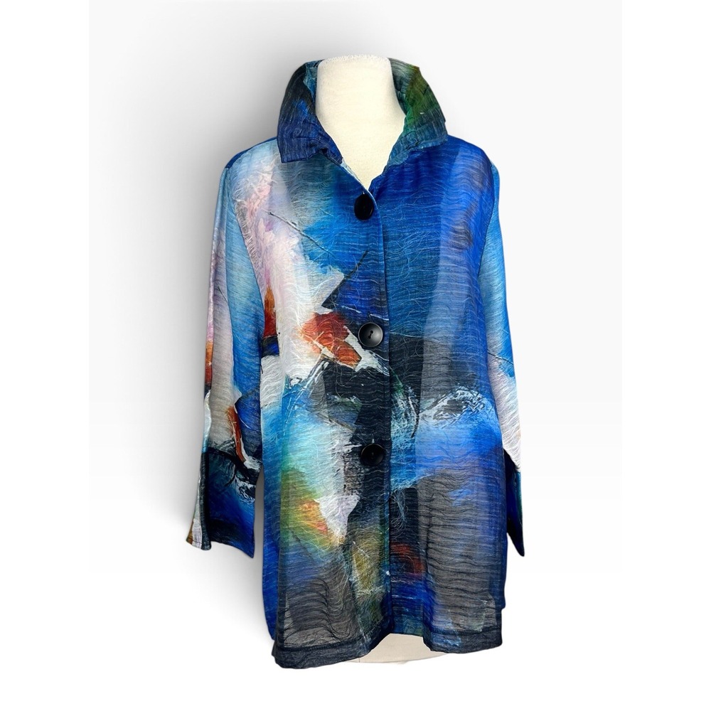 Damee Womens Sheer Top Jacket XXL Blue Watercolor Art to Wear NWT Flare Sleeve